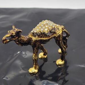 Rare Miniauture Camel Bejeweled Gold & Enamel Camel Trinket VTG W/Clear Stones
